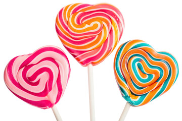 Three Colorful Swirled Heart Shaped Lollipops on Sticks