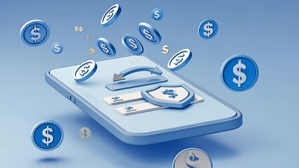 Dynamic smartphone banking scene with floating currency symbols and shield icons - Powered by Adobe