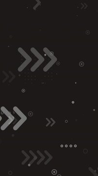 Grunge stylized movement of gray graphics with arrows, dots, lines on a black background. Looped animation of forward pointers. Vertical video.