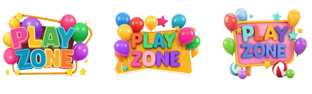 Colorful Play Zone sign with balloons and stars on a transparent background
