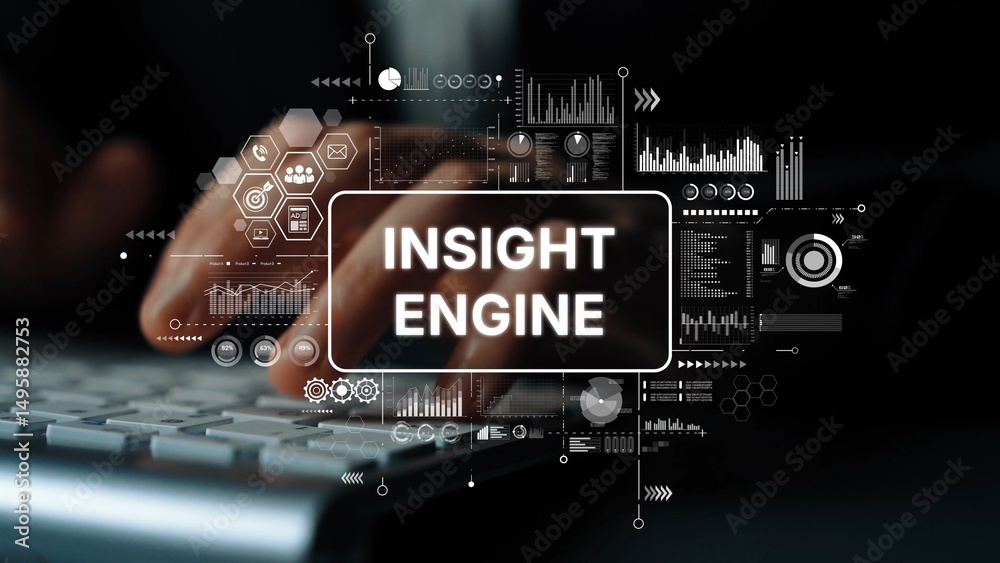 Poster Business Analysis Concept with Insight Engine and Data Visualization on Digital Interface. Asymptotic smart data analytic.