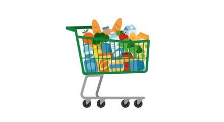 Shopping Cart Full of Groceries Illustration on White