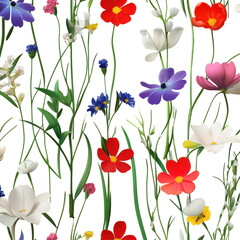 Vibrant Floral Pattern with a Variety of Colorful Wildflowers on a Black Background on transparent background
