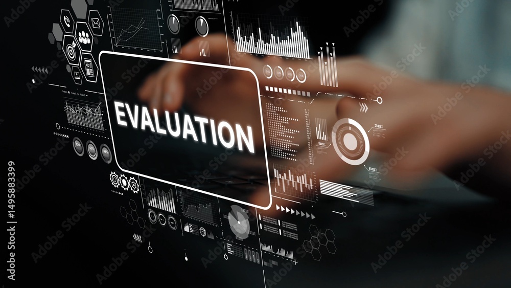 Poster Business Data Analysis with Hands on Digital Evaluation Dashboard and Graphs in a Modern Workspace. Asymptotic smart data analytic.