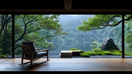 Tranquil modern Japanese-style interior with a serene view of a lush valley