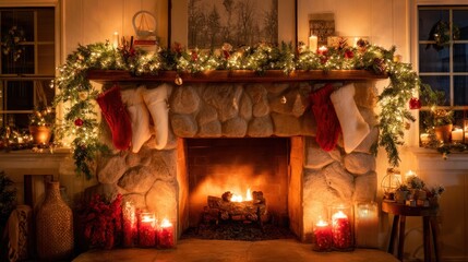 Cozy Christmas fireplace decorated with stockings, lights, and ornaments