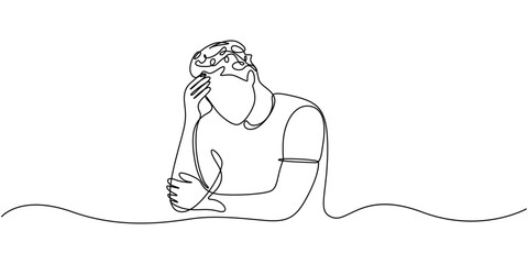 Man in depression, stressed, headache and despair continuous one line drawing. Single line art illustration of confusing and stressed person. Editable vector, Continuous line drawings of a young man.