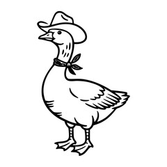 Fototapeta premium Black and white line art of a humorous goose dressed as a cowboy, complete with wide-brim hat and neck scarf.