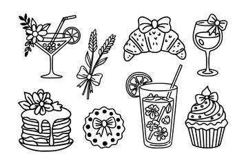 Vector illustration set featuring drinks, pancakes, croissant, cupcake, cookie, and wheat, combining breakfast, dessert, and beverage elements.