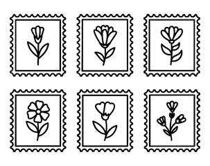 Vector illustration of six postage stamps featuring simple floral designs, each with different stylized flowers and wavy borders.
