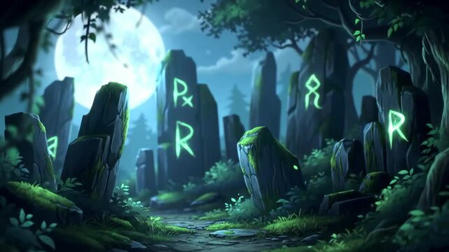 Mysterious runes illuminate ancient standing stones in eerie forest
