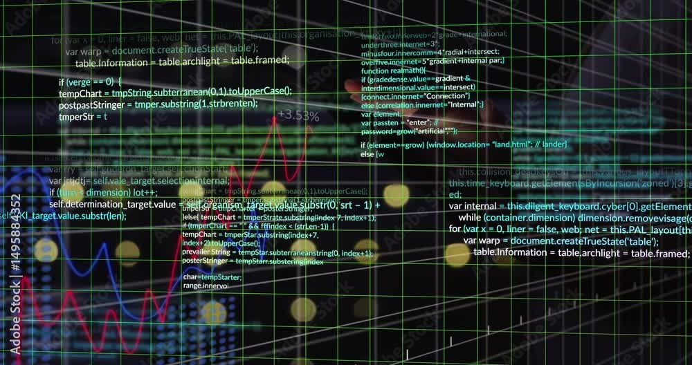 Poster after moment rendering grid with spheres fading code and tracing charts representing data
