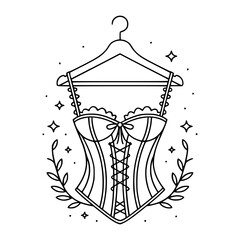 Black and white line art illustration of a decorative corset on hanger with floral and star elements, emphasizing fashion elegance.