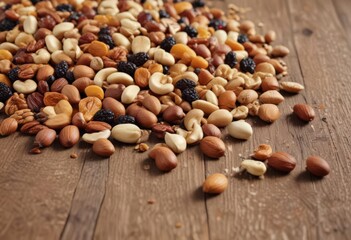 Close-up of assorted nuts, seeds, and dried fruits scattered on a wooden surface ,  nutritious,  food photography