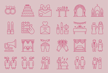 Hand Drawn Marriage Icon Set Featuring Wedding Elements Including Bride, Love, Celebration, and Timeline Menu in Artistic Vector Style for Invitations, Greeting Cards, and Posters