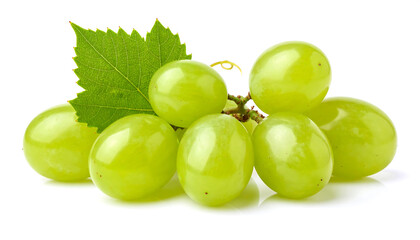 Bunch of Fresh Green Grapes with Leaf on White Background