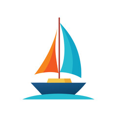 Fototapeta premium Colorful flat illustration of a sailboat on water with orange and blue sails