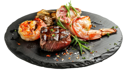 Grilled seafood and steak platter on a black slate serving dish with herbs