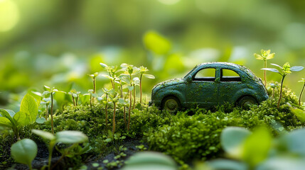 A miniature car sits amidst lush green vegetation.