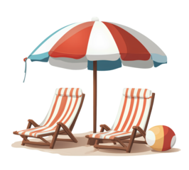 Beach umbrella with striped chairs and beach ball on a transparent background.