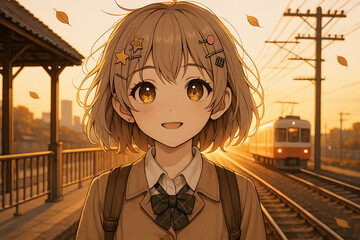 Charming anime schoolgirl standing on an autumn train platform at golden sunset, leaves drifting as the last commuter train arrives&mdash;ideal for nostalgic travel and seasonal urban lifestyle imagery