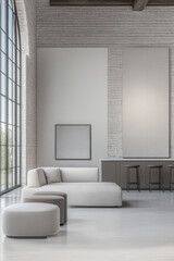 Modern living space with minimalist design and large windows in natural light