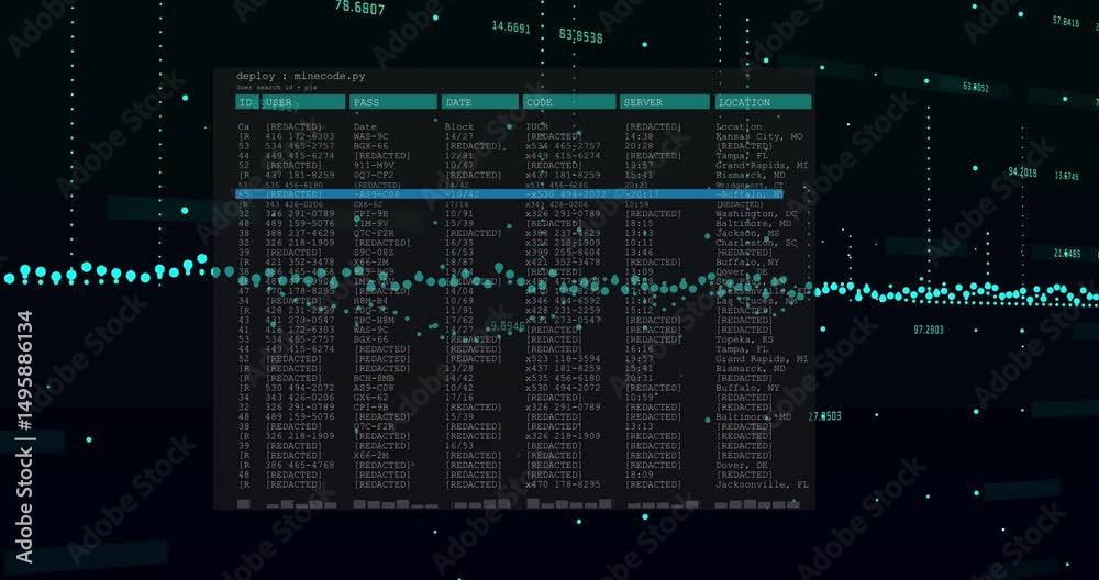 Poster terminal window fading in, rows loading and highlighting as waveform pulsing showing data selection