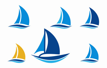 Blue and Gold Sailboat Logo Icons: Set of Sailing Boat Illustrations