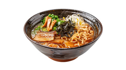A steaming bowl of ramen with vegetables and seaweed, set against a simple background