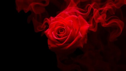 Single red rose surrounded by swirling red smoke, dark background