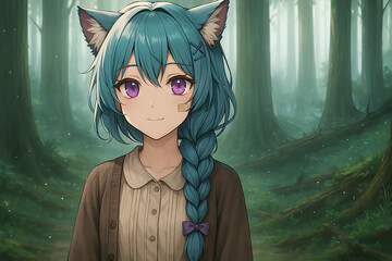 Enchanting anime portrait of a cat-eared forest elf girl with violet eyes and braided teal hair, softly lit by dappled sunlight in misty woods&mdash;perfect for whimsical fantasy stock imagery.