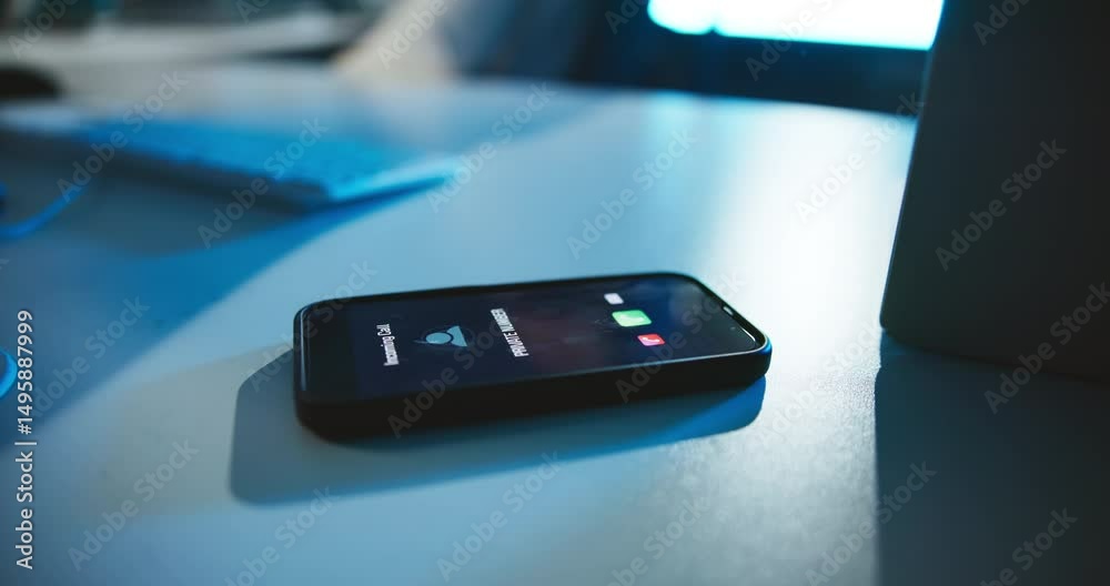Poster mobile, phone and screen with incoming call on desk with private number, phishing scam or telemarket