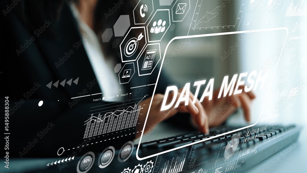 Poster Business professional interacting with digital data dashboard displaying analytics and statistics in a modern office environment. Asymptotic smart data analytic.