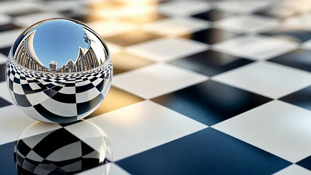 Reflective sphere on black and white checkered surface capturing architectural reflection.