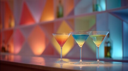 Minimal bar setup with rainbow martinis under soft lighting, geometric backdrop
