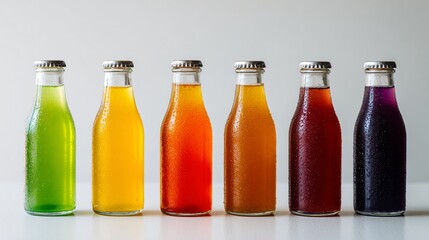 Rainbow kombucha bottles in a row, white table, isolated background and symmetrical composition