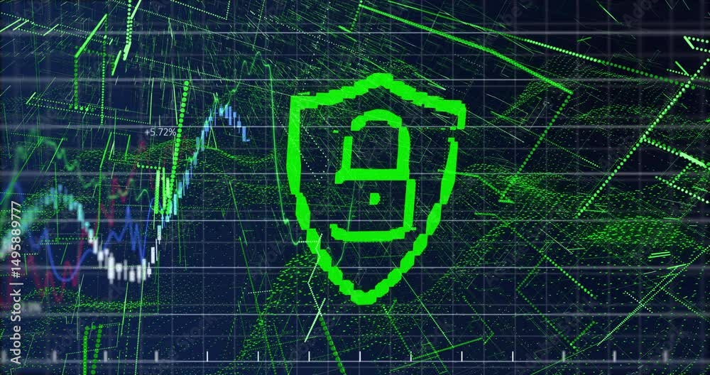 Poster on start grid pulsing, shield emerging and unlocking padlock and locking as graphs showing security