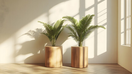 Sunlight streams into a room with wooden planter and palm tree.