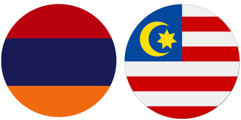 Armenia Official flag with Malaysia national flag, both countries flags are in Round shape and isolated on white background, Circular colorful design Flag with together.