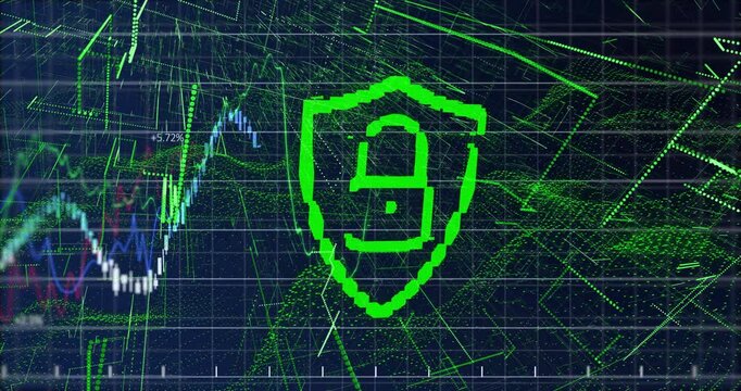 On start grid pulsing, shield emerging and unlocking padlock and locking as graphs showing security