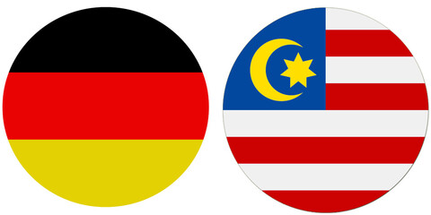 Obraz premium Germany Official flag with Malaysia national flag, both countries flags are in Round shape and isolated on white background, Circular colorful design Flag with together.