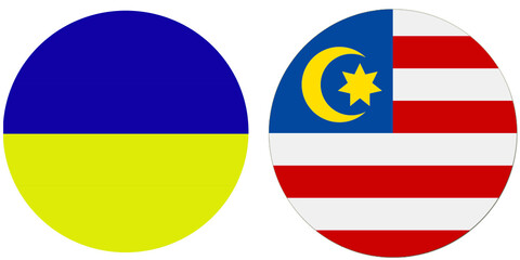 Ukraine Official flag with Malaysia national flag, both countries flags are in Round shape and isolated on white background, Circular colorful design Flag with together.
