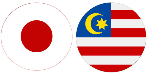Japan Official flag with Malaysia national flag, both countries flags are in Round shape and isolated on white background, Circular colorful design Flag with together.