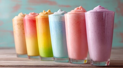 Row of gradient rainbow smoothies in tall glasses, clean wooden surface, pastel decor
