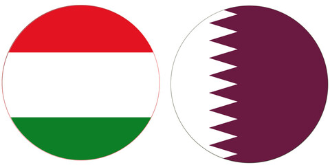 Hungry Official flag with Qatar national flag, both countries flags are in Round shape and isolated on white background, Circular colorful design Flag with together.
