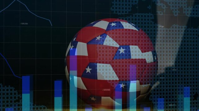 Bars emerging behind US-flag ball, grid pulsing as player foot pushing then kicking showing data