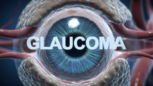 Clear 3D &ldquo;GLAUCOMA&rdquo; Text Floating Over Hazy Eyeball and Optic Nerve Visuals &ndash; Vision Loss and Eye Health Animation

