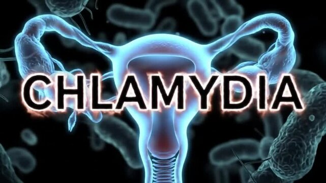 Neon &ldquo;CHLAMYDIA&rdquo; Text with Blurred Bacteria and Reproductive System Overlays &ndash; STI Awareness and Health Animation

