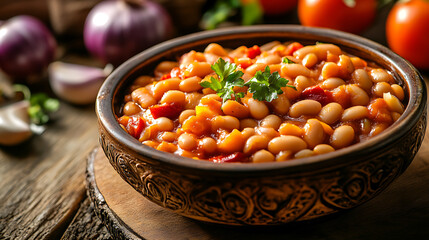 Delicious white beans stew in rustic bowl