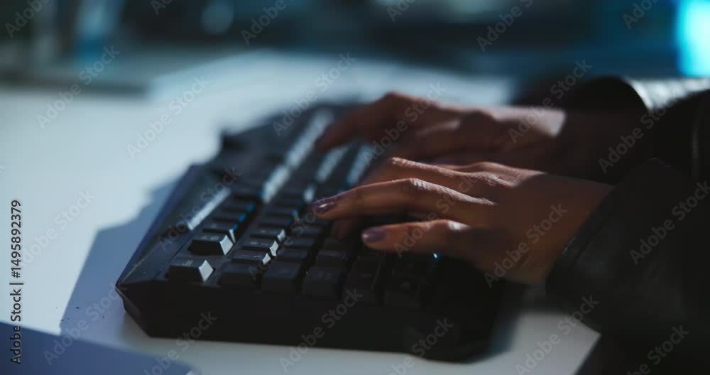 Poster Keyboard, hands and coder in office at night working on programming for malware server. Typing, online and woman hacking with password phishing for company reports with cybersecurity encryption.